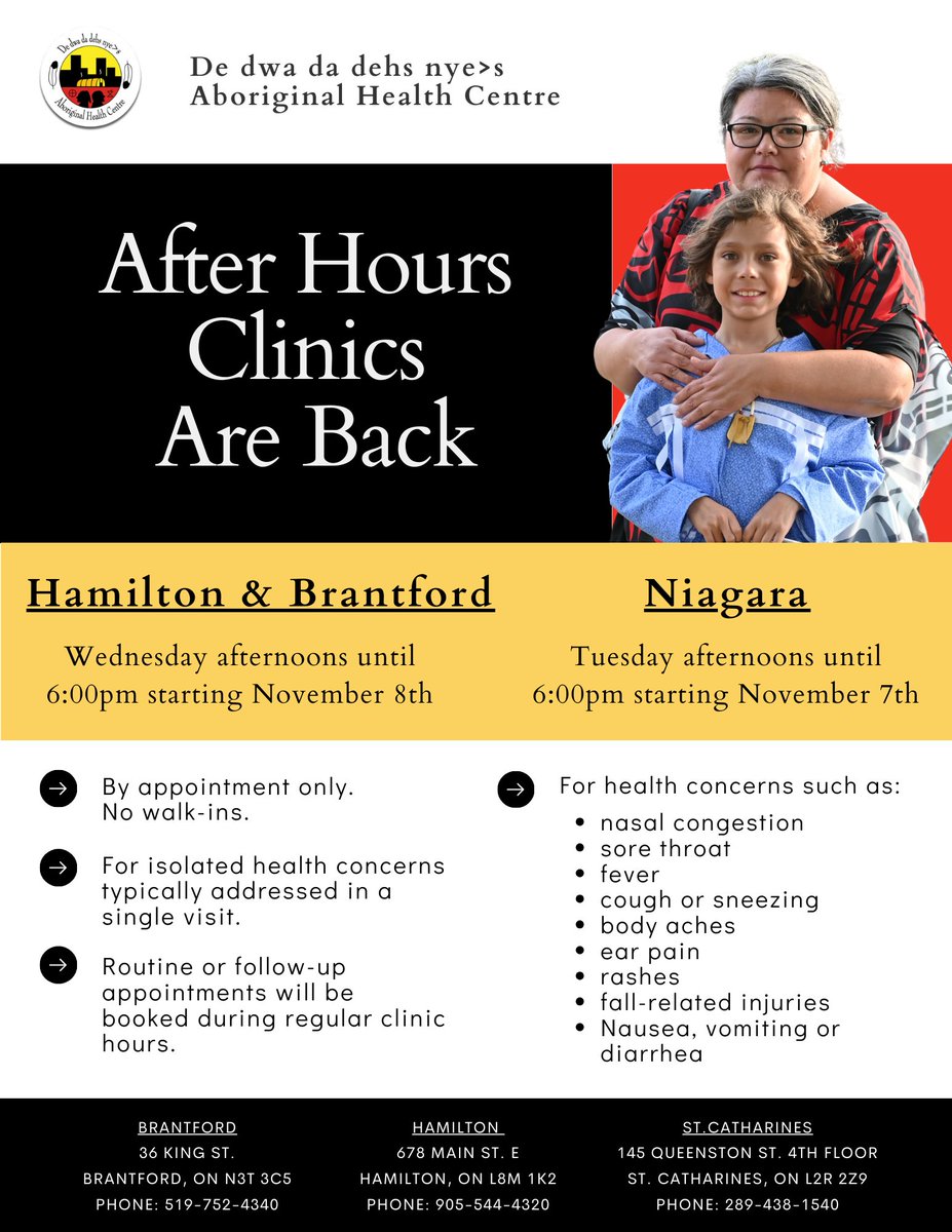 De dwa da dehs nye's (@_dahc_) on Twitter photo Exciting news! Our after-hours clinic is BACK!  Now you can enjoy extended Primary care services until 6:00 pm.
Mark your calendars:
- Niagara Site: Tuesdays, starting November 7th
- Hamilton & Brantford sites: Wednesdays, starting November 8th Exciting news! Our after-hours clinic is BACK!  Now you can enjoy extended Primary care services until 6:00 pm.
Mark your calendars:
- Niagara Site: Tuesdays, starting November 7th
- Hamilton & Brantford sites: Wednesdays, starting November 8th