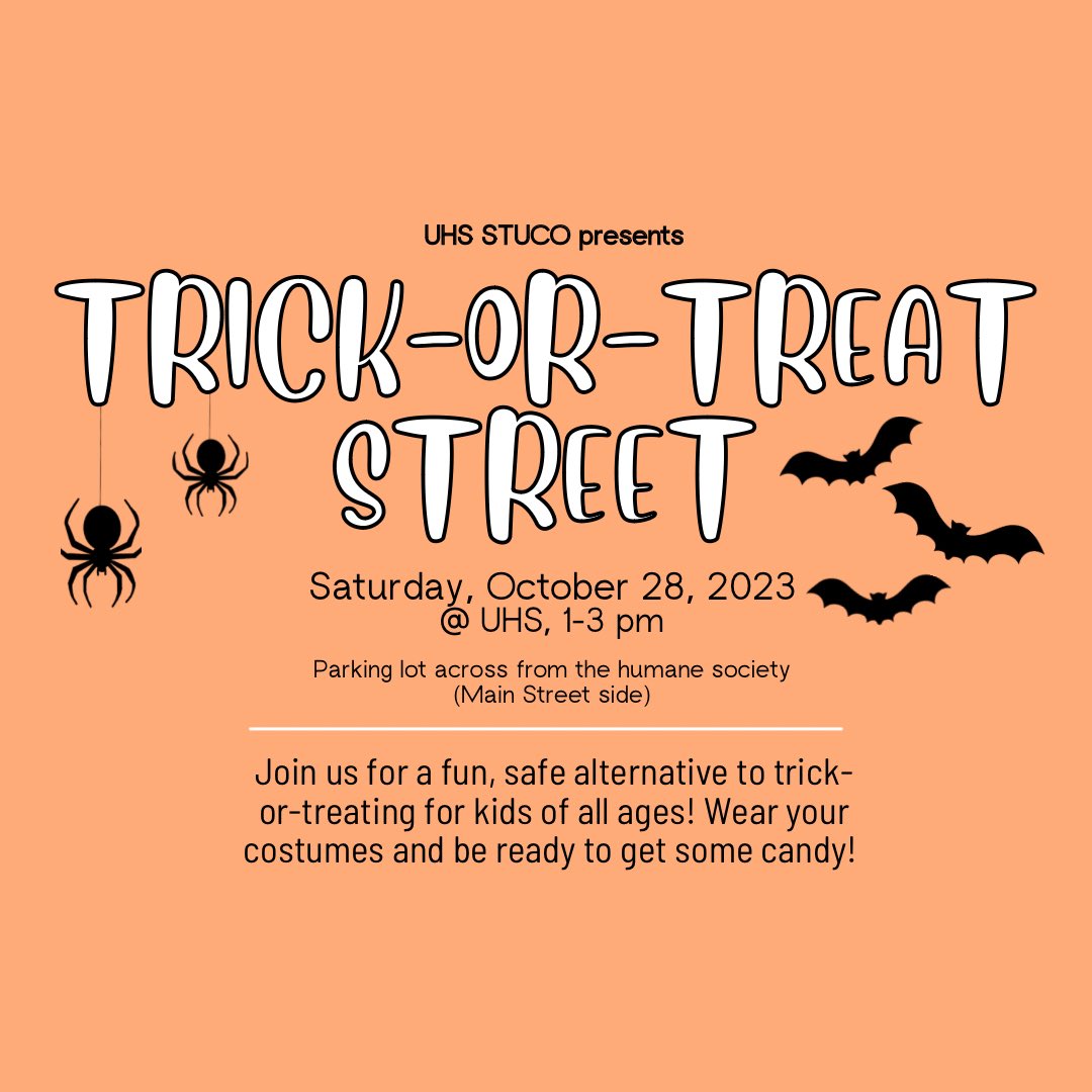 Join us on 10.28.23 for the annual UHS Trick-or-Treat Street! We’ll see you at the high school from 1-3 p.m. in the high school parking lot across from the Franklin County Humane Society. If the weather is spooky, we’ll move indoors! 🎃👻