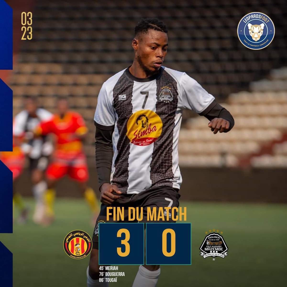 leopardsfoot's tweet photo. 🐆 Mazembe éliminé ! 

Impuissant face à des Tunisois plus joueurs et plus réalistes, le TP Mazembe s’incline sur le score de 3-0. 

Une défaite qui marque l’élimination des Corbeaux en African Football League. 

#ESTTPM #Congo #AFL https://t.co/x2RXO4u6T6