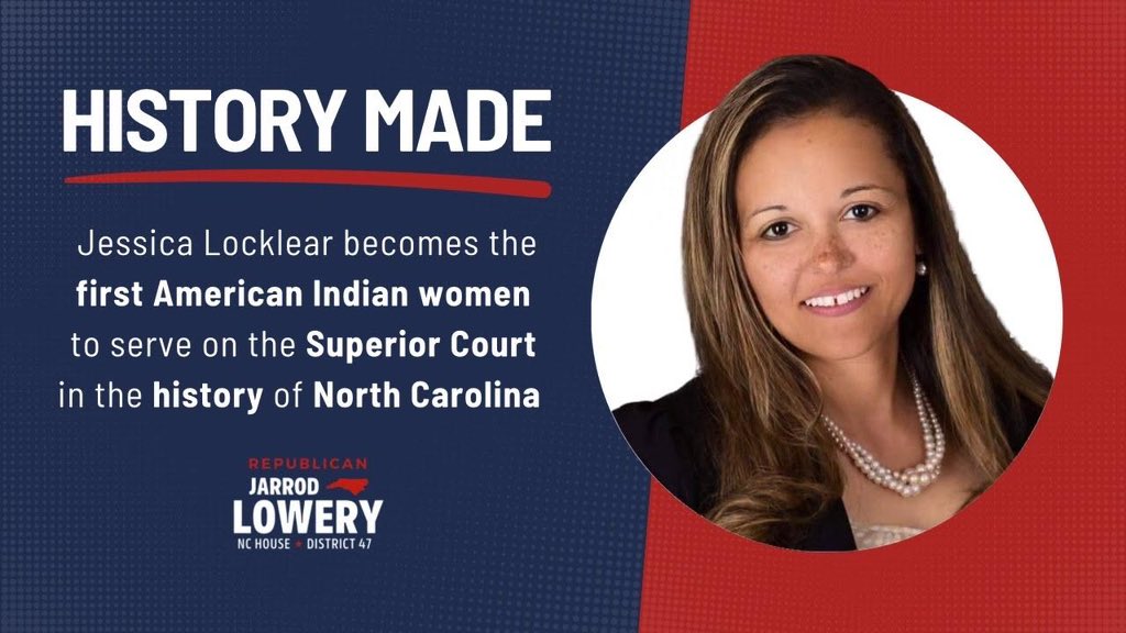 I'm proud to announce that yesterday, the General Assembly appointed Jessica Locklear to a Superior Court seat. Jessica becomes the First American Indian woman to serve as a Superior Court Judge in N.C. history. #ncpol #Lumbee