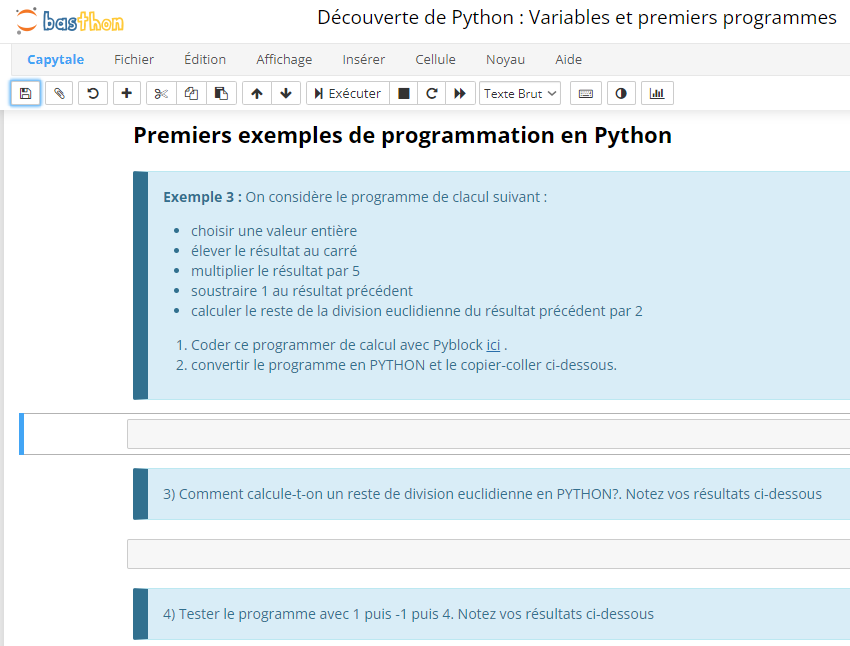 Prof_Rency's tweet photo. Bon, je me suis lancé comme un grand. Donc pour la 1ere séance, ça va ressembler à ça, avec #PyBlock finalement + @CapytaleFr et @BasthonPython .
Evidemment ça va parler de #print et de #input ... mais pas que hein 😜 https://t.co/3yOqBgFzhv