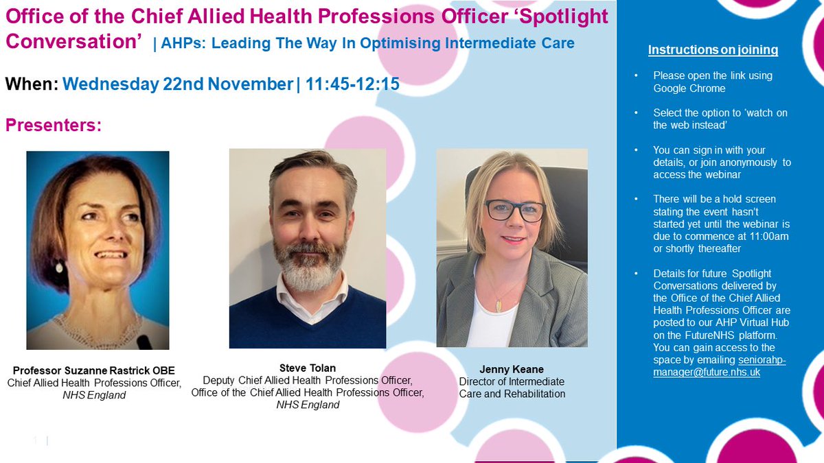 🚨My November #CAHPO spotlight conversation explores how #AHPs can lead the way in optimising #IntermediateCare 
 
I will be chairing @TolanAHP &amp; <a href="/JennyKeaneNHS/">Jennifer Keane</a> in conversation
 
📆 Wed 22 November 11.45 – 12.15hrs
 
On the day via 👉 teams.microsoft.com/l/meetup-join/…

<a href="/WeAHPs/">WeAHPs 💙</a> #AHpsDeliver