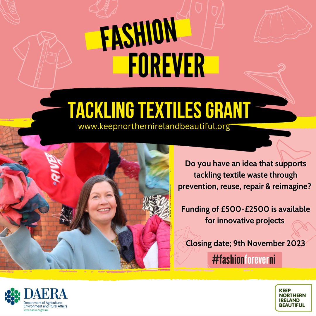 Following the huge success of the grant programme last year we are delighted to reopen the 2023 Tackling Textiles: Skills & Innovation Fund supported by DAERA. Open until 9th Nov 2023 Reuse, Repair & Reimagine keepnorthernirelandbeautiful.etinu.net/cgi-bin/generi…