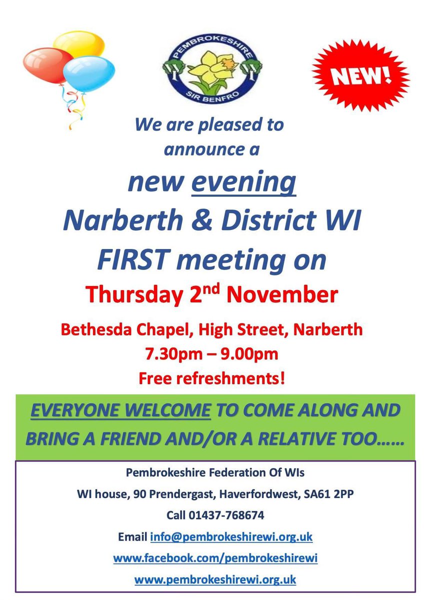 This time next week...we'll be setting up in Narberth, Bethesda Baptist Church Narberth, getting ready for the launch of the new 'evening' WI👍😁🥳Everyone welcome - 7.30pm-9.00pm and free refreshments, too....please could you spread the word...thank you so much🙂