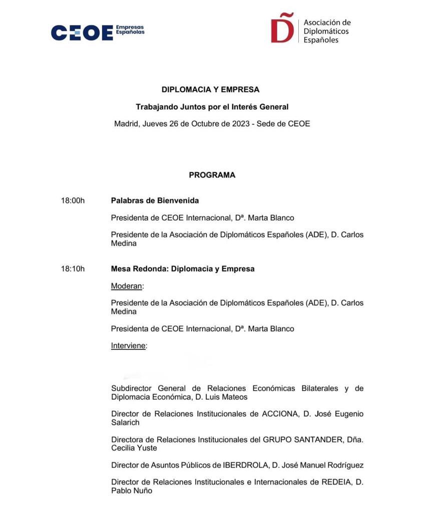 diplomaticosADE's tweet image. Invertir en el servicio exterior también es invertir en las empresas. La internacionalización del sector privado🇪🇸 empuja a una mayor sintonía con el sector público que le dota de visión global🌏. Gracias @CEOE_ES y a tan ilustres panelistas por un intercambio muy enriquecedor.