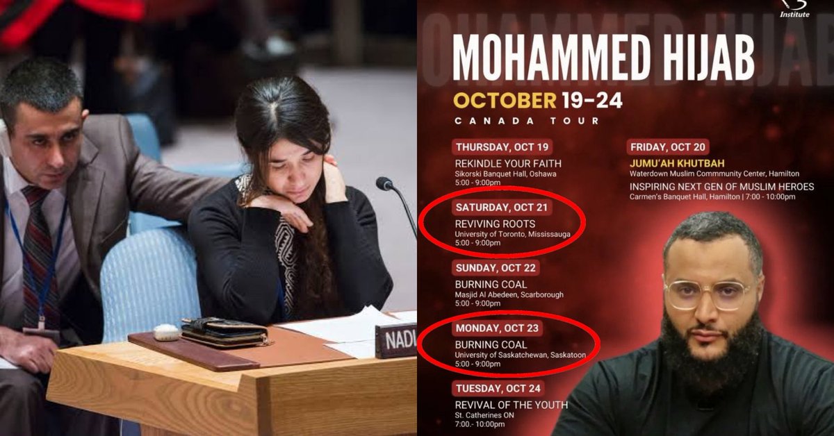 Nadia Murad, a Yazidi girl, was burned with cigarettes, repeatedly raped &amp; held as a slave by ISIS for 3 months. Her book event in Canada was cancelled because organizers felt 'her story could promote Islamophobia'.

But, a radical Islamist Mohammed Hijab who incited violence💔