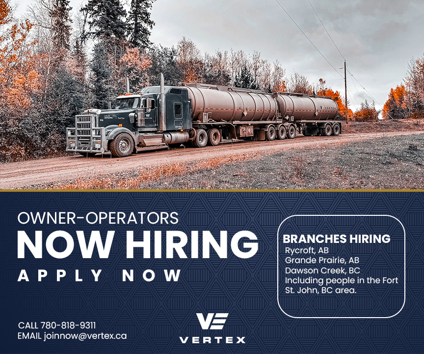 Vertex is expanding its fleet and we're looking for Owner/Lease Operators to join us across various branches! 
#NowHiring #LeaseOperators #VertexFleet #OpportunityKnocks #GrandePrairieJobs #RycroftJobs #DawsonCreekJobs #AlbertaJobs #BCJobs #OwnerOperators #Truckerjobs