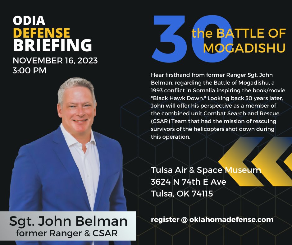 Secure your spot for ODIA's forthcoming Defense Briefing on November 16th at 3pm in Tulsa, featuring the insights of former Ranger Sgt. John Belman! Bring your questions! Register here: lnkd.in/gEfhymq2