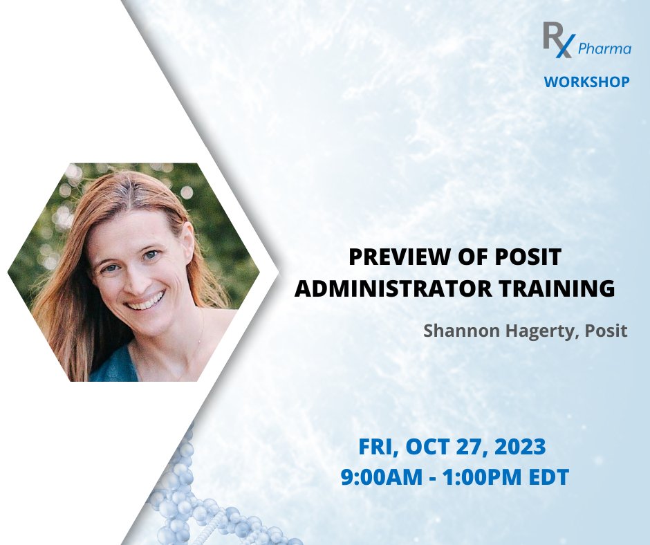 Free #rinpharma workshop! Not recorded! Preview of #Posit Administrator Training by @sbhagerty @posit_pbc! Fri, Oct 27, 2023 9:00 AM - 1:00 PM EDT eventbrite.com/e/preview-of-p… Credentials via #Credly! #rstats #rstudio #radmin #datascience