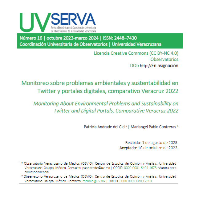 ObVio_UV's tweet photo. Les compartimos nuestro nuevo #artículo  en la revista @UV_serva : "Monitoreo sobre #ProblemasAmbientales y #Sustentabilidad en #Twitter y #PortalesDigitales, comparativo Veracruz 2022" . 

👉Consulta: https://t.co/ivabaWEACG 

@CUO_UV @CEOA_UV https://t.co/Rp4UBSamFN