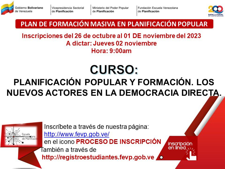 Construcción de un Sistema de Planificación Público y Popular. La formación masiva se inscribe en la construcción colectiva de pensamiento y acción para la transformación revolucionaria de la sociedad

Sigue el canal de Formación en Planificación Popular  whatsapp.com/channel/0029Va…