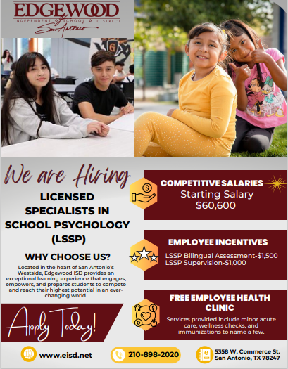 EISD Human Resources (@eisdhr1) on Twitter photo We Are HIRING Licensed Specialists in School Psychology (LSSP)! Apply Today! ๐๐ <a href="/EISDofSA/">Edgewood ISD</a> <a href="/CaTrevino09/">Cynthia Trevino</a> We Are HIRING Licensed Specialists in School Psychology (LSSP)! Apply Today! ๐๐ <a href="/EISDofSA/">Edgewood ISD</a> <a href="/CaTrevino09/">Cynthia Trevino</a>