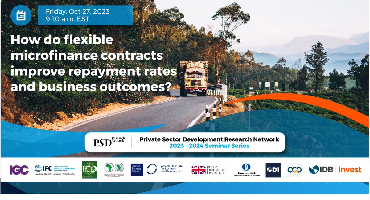 HAPPENING TOMORROW: Join the #PSDRN virtual event hosted by @EBRD, exploring the impact of flexible microfinance contracts on repayment rates and business outcomes! 🌍

🗓️ 27 Oct 2023
⏰ 9-10am EST
🔗More info: wrld.bg/x9Bg50PQRw1