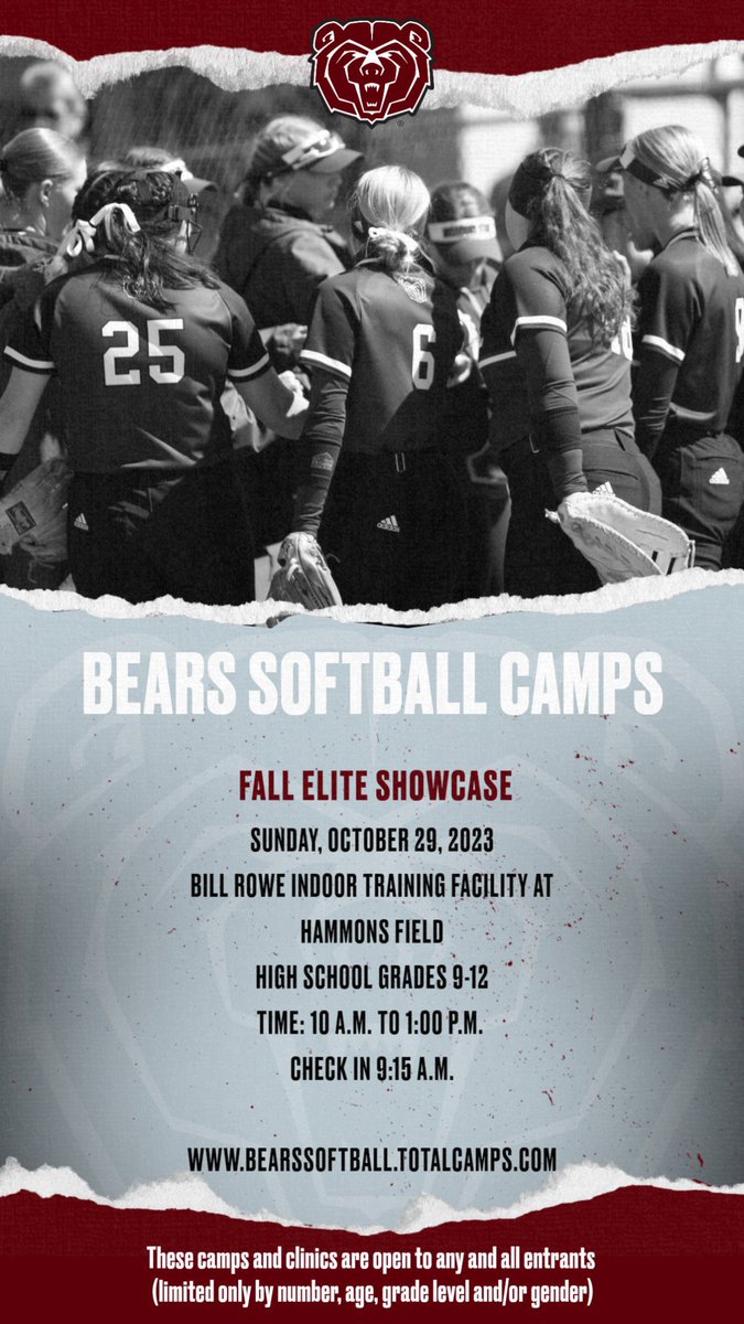 With the cancellation of this weekend's travel ball tournament in Kansas City, we've got a great opportunity for you ‼️ Register now for our Fall Elite Showcase THIS Sunday (Oct. 29) from 10 a.m.-1 p.m.! 🐻 Register here: bearssoftball.totalcamps.com #Team56 | #Summit