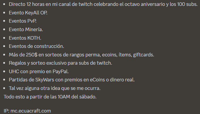 ¡ANIVERSARIO 8!
Desde hace 8 años que estamos aquí y no tenemos planeado irnos. Para celebrarlo haremos múltiples eventos el sábado a partir de las 10AM.

Habrá premios en dinero PayPal, sorteos, regalos y más, los espero el sábado en el twitch del owner
twitch.tv/cristian18yt