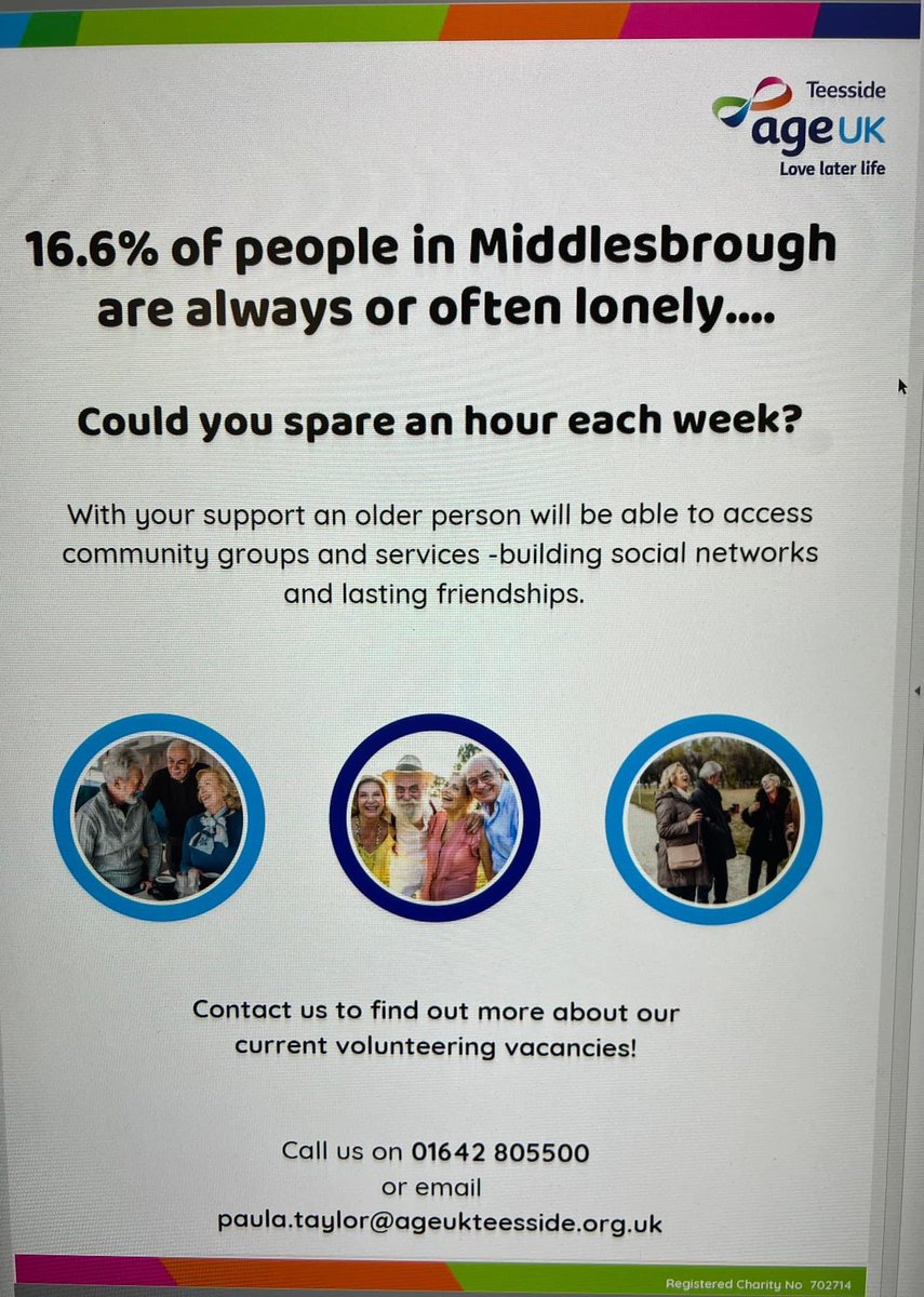 Louise Egan (@louiseegan) on Twitter photo Older people are especially vulnerable to #loneliness and #socialisolation and it can take a toll on their physical and mental health. If anyone local to <a href="/AgeUKTside/">Age UK Teesside Ltd</a> can spare an hour, you could really make a difference! Older people are especially vulnerable to #loneliness and #socialisolation and it can take a toll on their physical and mental health. If anyone local to <a href="/AgeUKTside/">Age UK Teesside Ltd</a> can spare an hour, you could really make a difference!