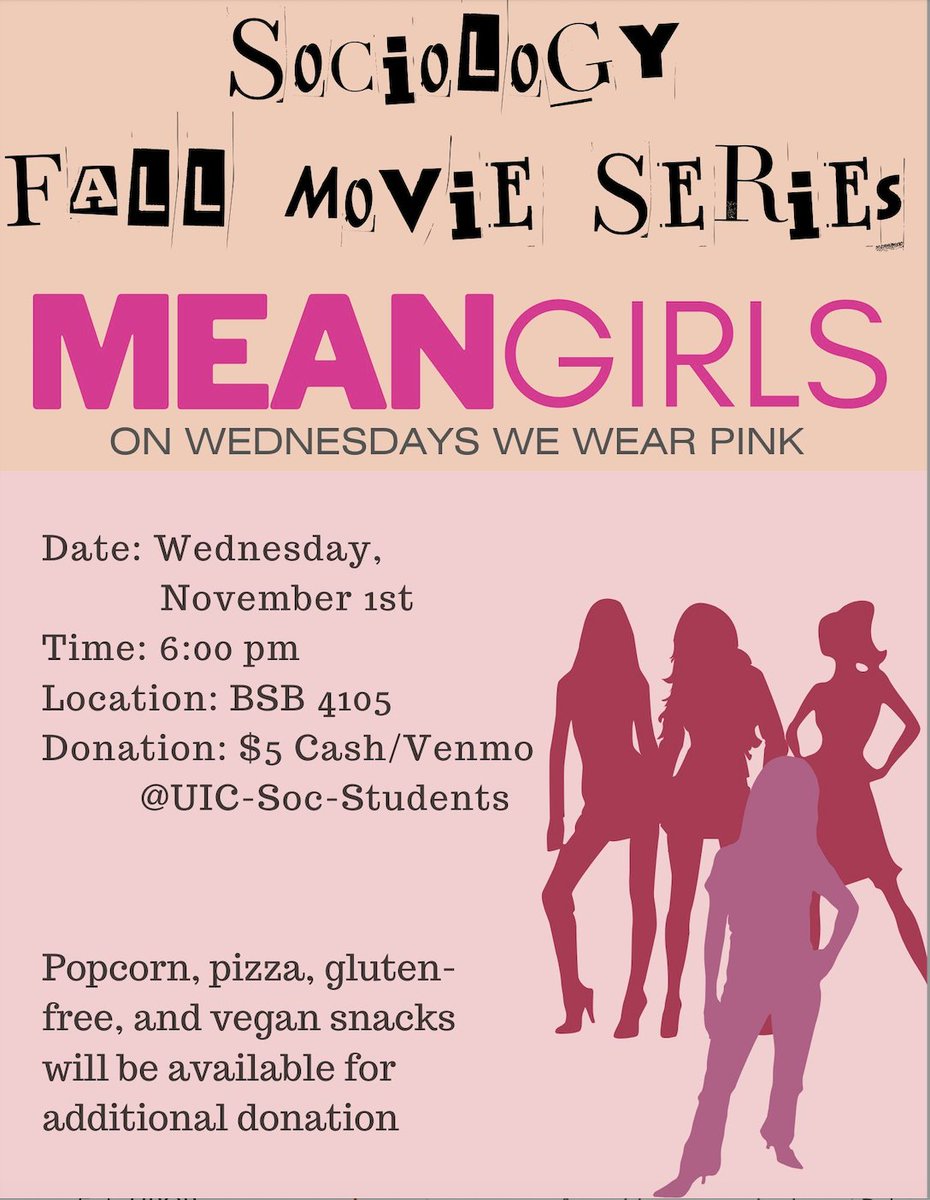 NEXT WEDNESDAY we wear pink!

Help raise funds for our students and take a little break from adulting at next week's movie night: Mean Girls!

Wednesday, Nov. 1st at 6pm
BSB4105

of course, dm with questions!