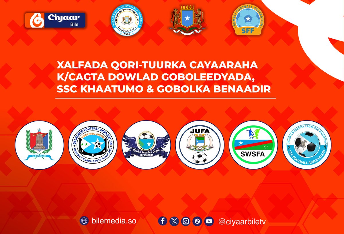 ciyaarbiletv's tweet photo. Xafladda Qorituurka cayaraha maamul goboleedyada, SSC iyo Gobolka Benadir.

Yaa ku urajanaysa guul?

#Ciyaarbile https://t.co/RP5W1Gc7vo
