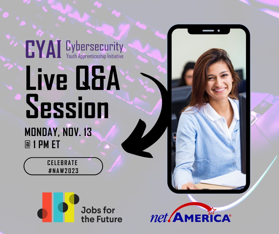 CYAI2024's tweet photo. To celebrate #NAW2023, we're co-hosting an โXโ chat with @jfftweets and @netAmericaCorp to discuss youth #RegisteredApprenticeship. Join the convo on #YAchat. Mark your calendar and help us spread the word! https://t.co/0zGWOtbpkJ