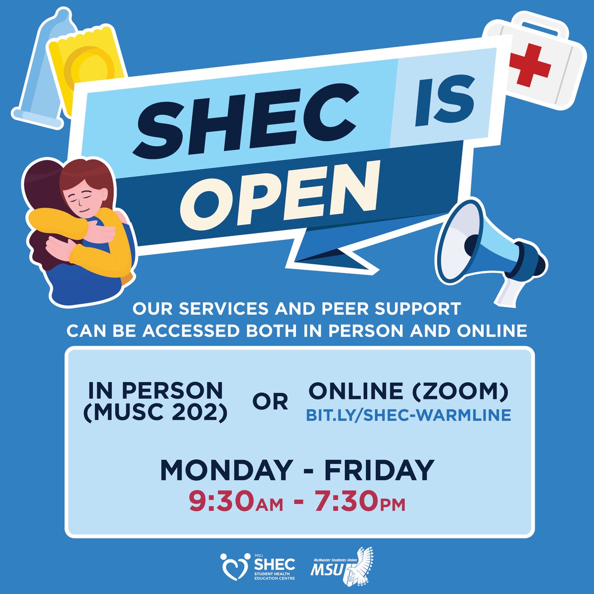 SHEC is OPEN with updated hours this semester! 💙 
Visit us in-person in MUSC 202 or online via Zoom (bit.ly/SHEC-warmline)
We're so excited to see you! 🥳
