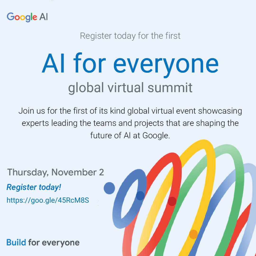 lifeatgoogle's tweet photo. Registration is open for our AI for Everyone summit. The virtual event — which will be streamed on Thursday, November 2 — will showcase how Google is using AI to improve user experiences, empower businesses, and tackle societal problems. Register today ⬇️ https://t.co/PE5R3Wi9fB https://t.co/up3IMhPbyc
