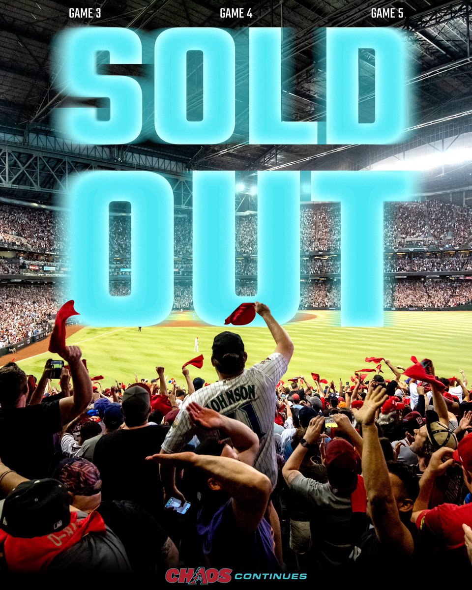 Dbacks's tweet photo. Y’all continue to #EmbraceTheChaos and blow our mind. 🤯

All 3 World Series games at @ChaseField are officially sold out! https://t.co/BticW6xs7d