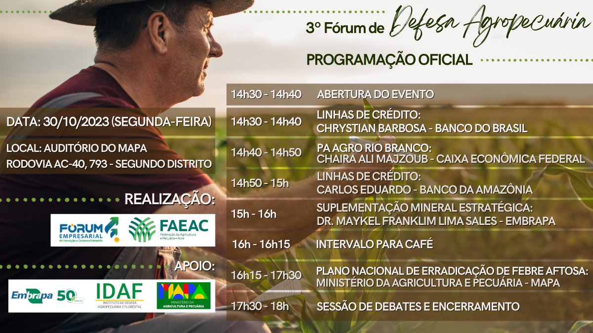 sistemafaeac's tweet photo. Não perca a terceira edição do Fórum de Defesa Agropecuária do Acre!

🗓 Data: 30/10/2023 (SEGUNDA-FEIRA)

⏰ ABERTURA ÀS 14H30

📍 LOCAL: AUDITÓRIO DO MAPA
Rodovia AC-40, 793 - Segundo Distrito https://t.co/dYUHnX6ys3