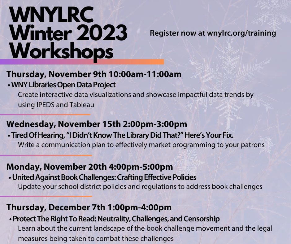 Here's our slate for November and December programming: creating data visualizations using IPEDS and Tableau, creating marketing plans to promote programming, and tackling various aspects surrounding book challenges. Registration is required: wnylrc.org/training