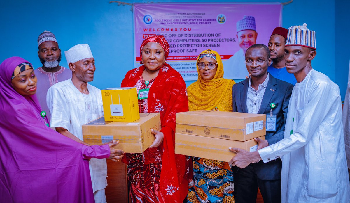 kadagile's tweet photo. Kaduna AGILE Project Flags Off Distribution of 1,250 Laptop Computers, other accessories for the implementation of Digital Literacy Training in Secondary Schools.

The Adolescent Girls Initiative for Learning and Empowerment (AGILE) Project has flagged off the distribution of 1,250 Computers, 50 Projectors, 50 Motorised Projector Screen, 50 Fireproof Safes, 12 Months Internet Connectivity and 5KVA Solar Power Solution to 50 Schools.

This is to support the Schools with the necessary infrastructure to deliver a robust digital literacy training for students across the selected schools.

The activity chaired by the Permanent Secretary, Kaduna State Teachers Service Board who represented the Commissioner, Ministry of Education Prof. Muhammad Sani Bello.

Each school was provided with 25 Computers, a Projector, a Projector Screen, Fireproof Safe, 5KVA Solar and 12 Months Internet Connectivity.

Notable personalities from the Teachers Service Board, State Universal Basic Education Board, Kaduna State Schools Quality Assurance Authority and the Planning and Budget Commission graced the event held at Silversand Hotel, Kaduna.

@ubasanius @Kad_MoE @KadunaSubeb @agileproject_ng @WBG_Education @WBG_Nigeria #kadagile