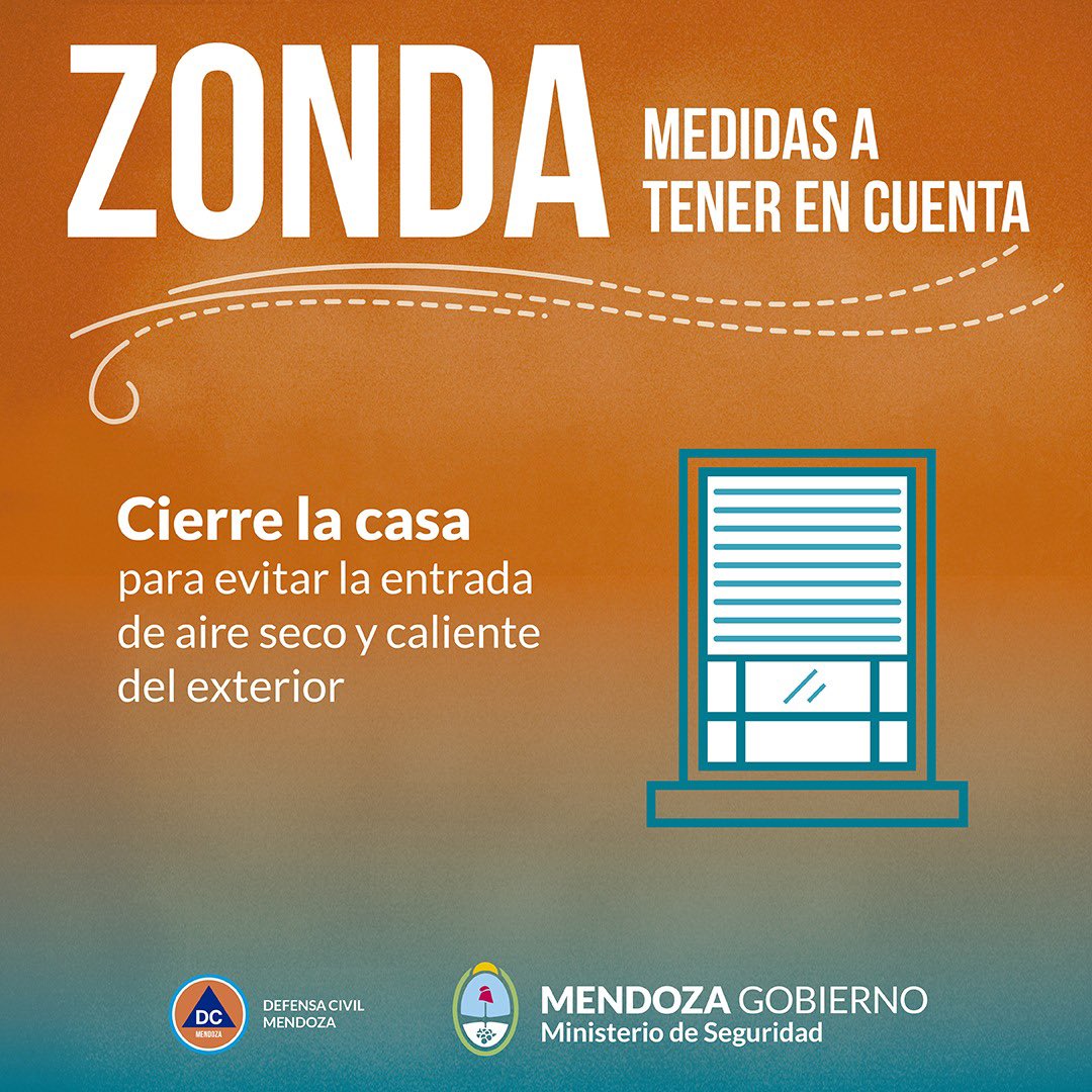 ⚠️Ante el pronóstico de que baje viento Zonda en algunas zonas del llano provincial, se recomienda extremar los cuidados y prevenir accidentes.❗
 👉🏻 Prestá atención a estos consejos: