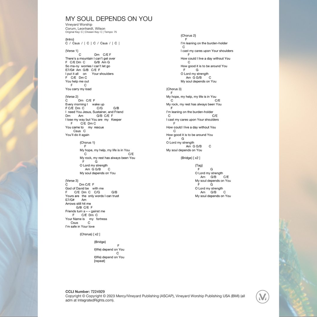 VineyardWorship's tweet photo. Chord, lyric, and number charts for My Soul Depends on You are available now! 🙌 Download them now by visiting https://t.co/jGlnFYsui2 
#vineyardworship #newmusic #newalbum #liveworship #thisjoy https://t.co/Ybp8dALVbV