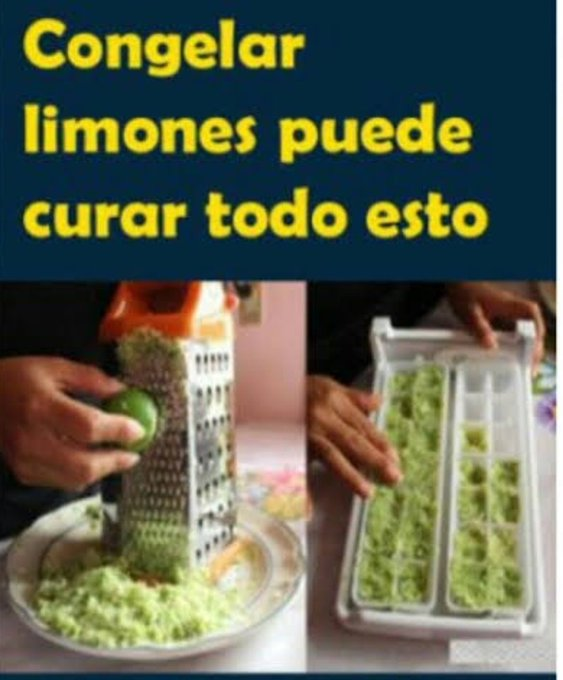 elzorrotacneno's tweet photo. LA TERAPIA DEL  LIMÓN CONGELADO. 
Más potente que la quimioterapia! 
Lavar el  limón y colocar en el congelador de tu refrigerador. 
Una vez que el  limón se congela, utilizas tu rallador y el  limón entero (no es necesario pelarlo) y espolvorea encima de tu alimento preferido! 
Espolvorea tus bebidas, vinos, ensaladas, helados, sopas, pasta, salsa de pasta, arroz, sushi.... Todos los alimentos tienen un sabor inesperadamente maravilloso, algo que nunca has probado antes. Probablemente pensabas que sólo el jugo de  limón contenía vitamina C. Bueno, sabemos que las cáscaras del  limón contienen vitaminas 5 a 10 veces más que el jugo de  limón. 
Las cáscaras de  limón rejuvenecen la salud en la erradicación de los elementos tóxicos del cuerpo. 

¿Por qué no sabíamos nada al respecto? 
Debido a que hay laboratorios interesados en hacer una versión sintética que les traería grandes beneficios. Su sabor es agradable y no produce los horribles efectos de la quimioterapia. 
¿Cuántas personas mueren mientras este secreto se mantiene, a fin de no poner en peligro las grandes corporaciones multimillonarias? 
Puedes usar cualquier tipo de  limón o lima. Se le atribuye muchas virtudes, pero lo más interesante es el efecto que produce sobre los quistes y los tumores. 
Este fruto está probado contra los "cánceres" de todos los tipos. También es considerado como un espectro anti microbiano contra infecciones bacterianas y hongos, eficaces contra los parásitos internos y los gusanos, regula la presión sanguínea y la tensión arterial es un antidepresivo y combate el nerviosismo. Es un alcalinizante extraordinario que regulariza el PH de la sangre para obtener una salud óptima. 
La fuente de esta información es fascinante. Procede de uno de los mayores fabricantes de la droga en el mundo, quien dice que después de más de 20 pruebas desde 1.970, los extractos revelaron que: "Destruye las células malignas en 12 tipos de cáncer, incluyendo el de colon, de mama, próstata, pulmón y páncreas … Los compuestos de este fruto han demostrado ser 10.000 veces mejor que el producto Adriamycin",  fármaco comúnmente usado en el mundo como quimioterapia.
Y lo que es todavía más asombroso: este tipo de terapia -con el extracto de  limón- sólo destruye las células malignas del cáncer y no afecta las células sanas.