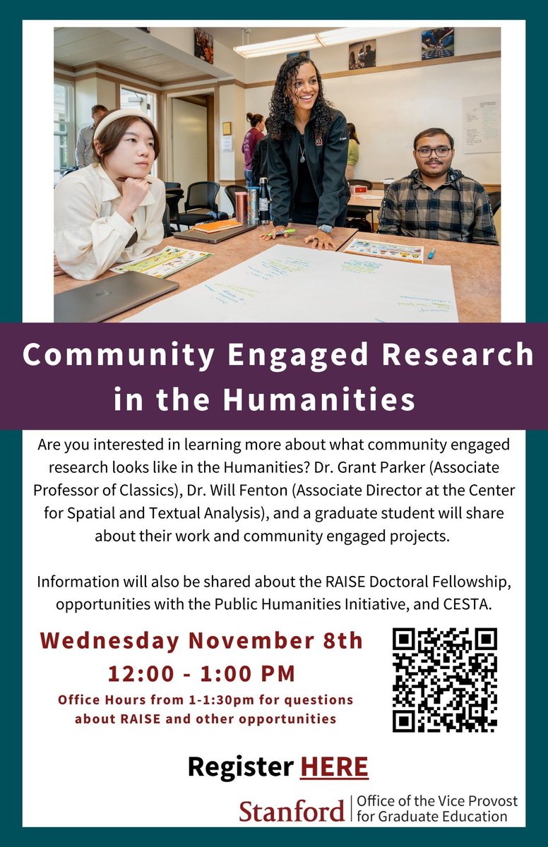 🌟 Curious about community-engaged research in the Humanities? Learn about the RAISE Doctoral Fellowship, the Public Humanities Initiative,  <a href="/cesta_stanford/">CESTA</a>, and more!

WHEN: Nov 8, 12-1 PM
RSVP: stanforduniversity.qualtrics.com/jfe/form/SV_29…

#HumanitiesResearch #StanfordHumanities