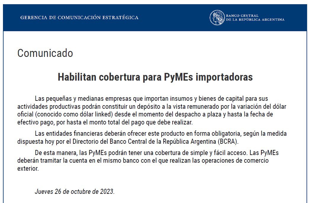 MgYaninaslojo's tweet photo. El #BCRA comunica que habilitará cuentas remuneradas para brindar cobertura a las empresas #pymes que #importan insumos y bienes de capital para cubrirse de la fluctuación del #dolar desde del despacho hasta que puedan hacer el pago para cubrirse del riesgo de devaluación. #sira #importaciones #ccuce #comex #comerciointernacional #comercioexterior