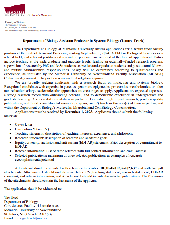 TahlanLAB (@tahlanlab) on Twitter photo Our department <a href="/humans_MUNBIOL/">Humans of MUN Biology</a> is looking to hire a systems biologist, please share:
mun.ca/biology/depart… Our department <a href="/humans_MUNBIOL/">Humans of MUN Biology</a> is looking to hire a systems biologist, please share:
mun.ca/biology/depart…