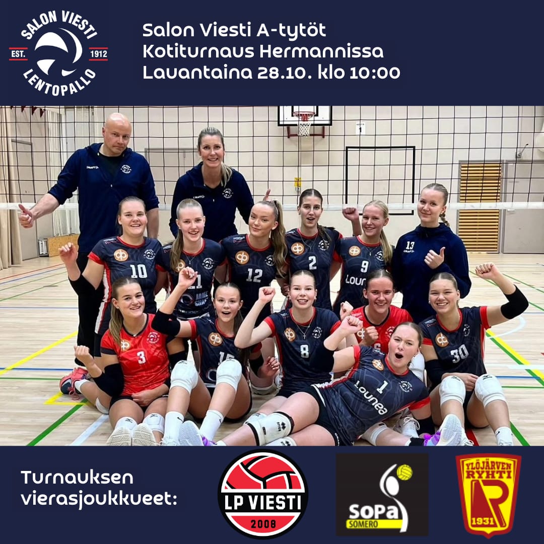 Lauantaina meidän A-tyttöjen kotiturnaus 🤩 Avauspelissä vastakkain Salon Viesti - <a href="/LPViesti/">LP Viesti</a> ensimmäistä kertaa ikinä (virallisissa peleissä). Hienoa kun Salossa on pitkästä aikaa peräti kaksi A-tyttöjen joukkuetta!!
📍Hermannin koulu
🕙28.10. Klo 10:00
‼️Be there‼️
#lentopallo