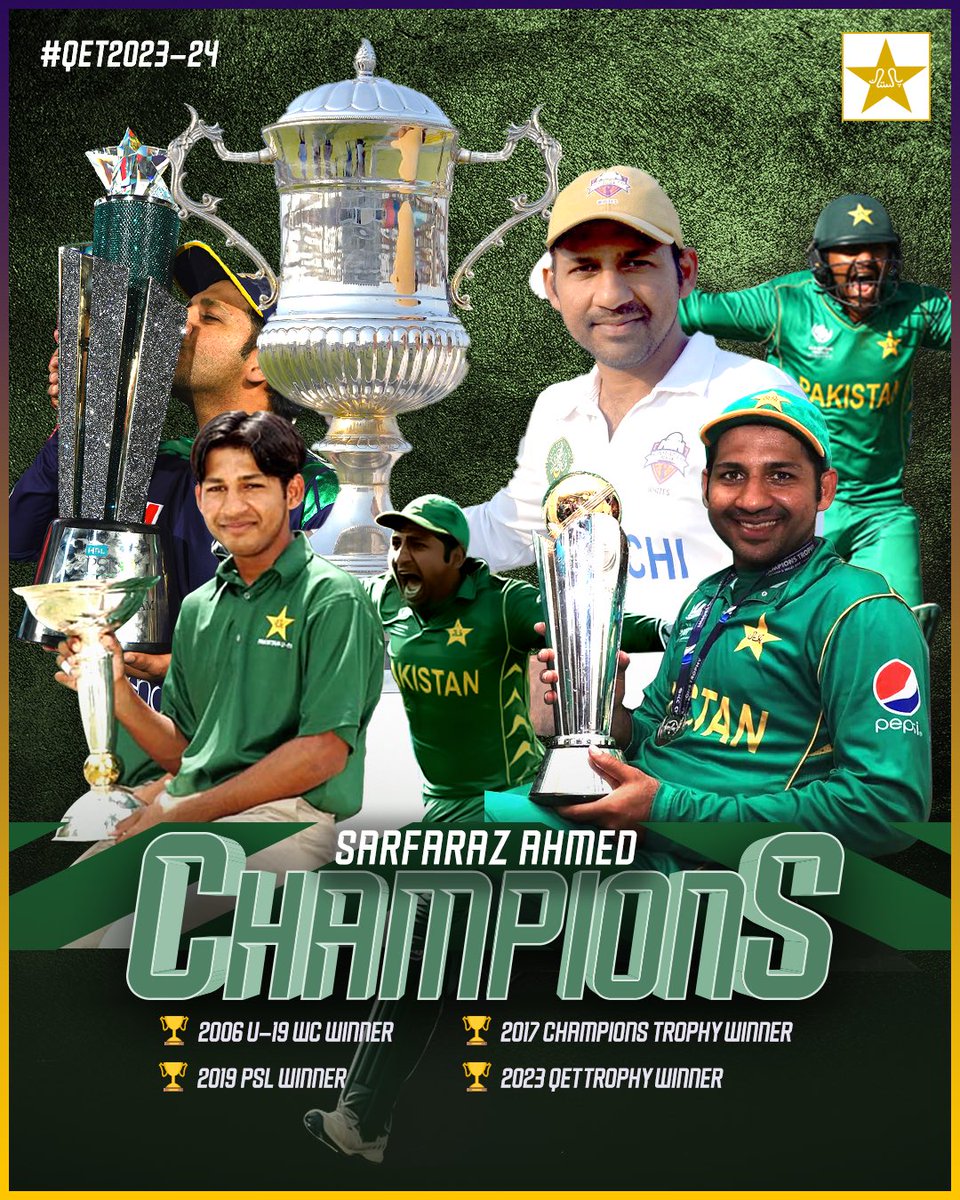 Once a Champion, always a Champion ! ☑️ Player of the tournament | @SarfarazA_54 🌟🌟🌟🌟 🏆 2️⃣0️⃣0️⃣6️⃣ U-19 WC Winner 🏆 2️⃣0️⃣1️⃣7️⃣ CT17 Winner 🏆 2️⃣0️⃣1️⃣9️⃣ PSL Winner 🏆 2️⃣0️⃣2️⃣3️⃣ QET Winner 🎖 1️⃣1️⃣ Consecutive T20I Series Win for 🇵🇰 #ShaanePakistan 😍 #PurpleForce