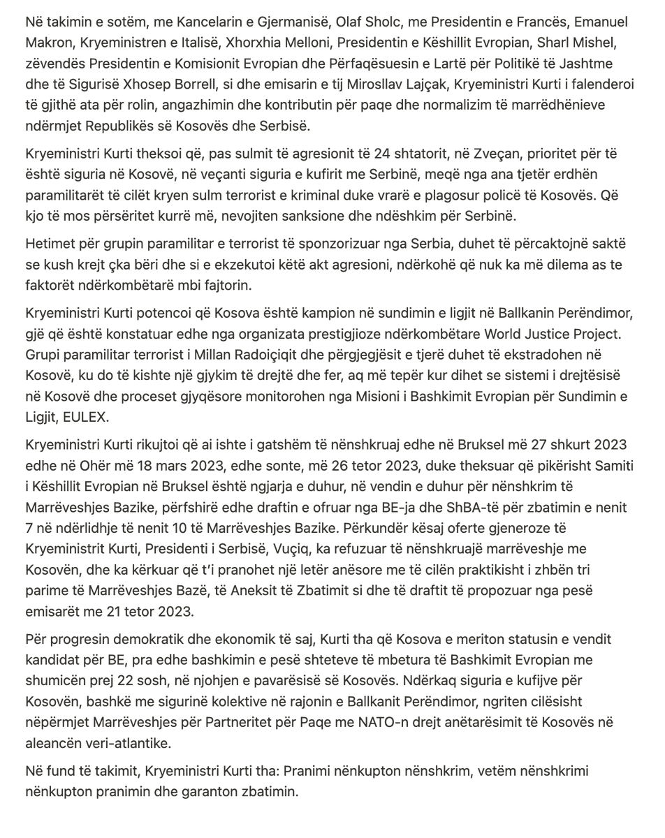 BREAKING

Kosovo govt press release:

During today's meeting with European leaders, Kosovo PM <a href="/albinkurti/">Albin Kurti</a> offered to sign the Basic Agreement, the Implementation Annex, as well as the plan proposed by 5 US &amp; European envoys.

Vucic refused.