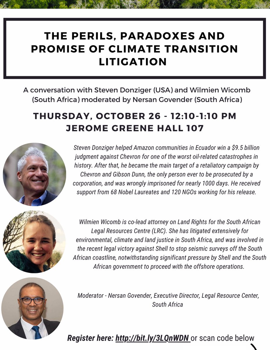 🌍Inspiring discussion on #ClimateJustice! 🗣️ Steven Donziger, Wilmien Wicomb, & Nersan Govender, fearless climate activists & human rights defenders, joined @ishrcolumbia & @CLShumanrights to delve into the challenges $ opportunities of climate transition litigation. 🌦️🌱