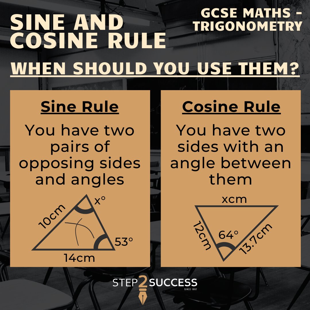 Step2SuccessUK's tweet photo. Knowing which trigonometric rule to use can leave you in a fluster in the exam – don’t let it get to that point without having a solid understanding of how to apply each rule!

#gcse #gcsemaths #trigonometry #sine #sinerule #cosine #cosinerule #triangles https://t.co/l5ZnJ9LE3c