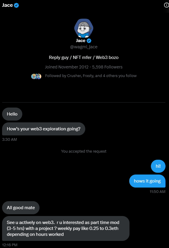 A warning to everyone, because I just got hit up by the common "job offer" scam once again.

I noticed that his timeline looks "legit" because it seems like he actually participates in the space.

For those who don't know, this is how it works: 

🧵👇