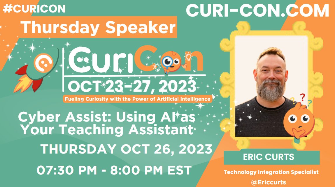 📢 Join me today Oct 26th at 7:30pm EST for FREE PD

🤖 Cyber Assist: Using AI as Your Teaching Assistant

▶️ Direct link for live video - youtube.com/watch?v=OGxBvU…

📋 More details about #Curicon at - controlaltachieve.com/2023/10/join-m…

#edtech #AIinEducation