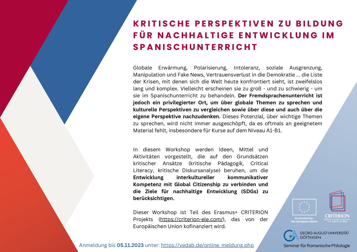 Virtudes Gonzalez (@virtu61) on Twitter photo Für Spanischlehrkräfte alle (Hoch)schulformen: Workshop zum Thema "Kritische Perspektiven zur Bildung für nachhaltige Entwicklung im Spanischunterricht" am 17.11. an der Universität Göttingen. Anmeldung bis zum 05.11. unter vedab.de/veranstaltungs… <a href="/didaktikELE/">Marta García</a> Für Spanischlehrkräfte alle (Hoch)schulformen: Workshop zum Thema "Kritische Perspektiven zur Bildung für nachhaltige Entwicklung im Spanischunterricht" am 17.11. an der Universität Göttingen. Anmeldung bis zum 05.11. unter vedab.de/veranstaltungs… <a href="/didaktikELE/">Marta García</a>
