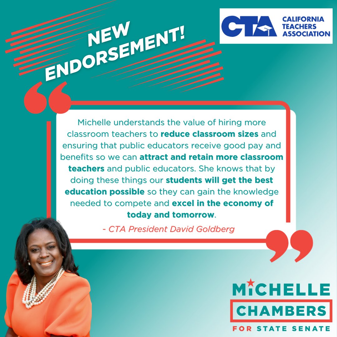 I’m excited to announce <a href="/WeAreCTA/">California Teachers Association</a> has endorsed our campaign!

I look forward to supporting our teachers and ensuring our public schools are fully funded so California’s youth receive the education they deserve.