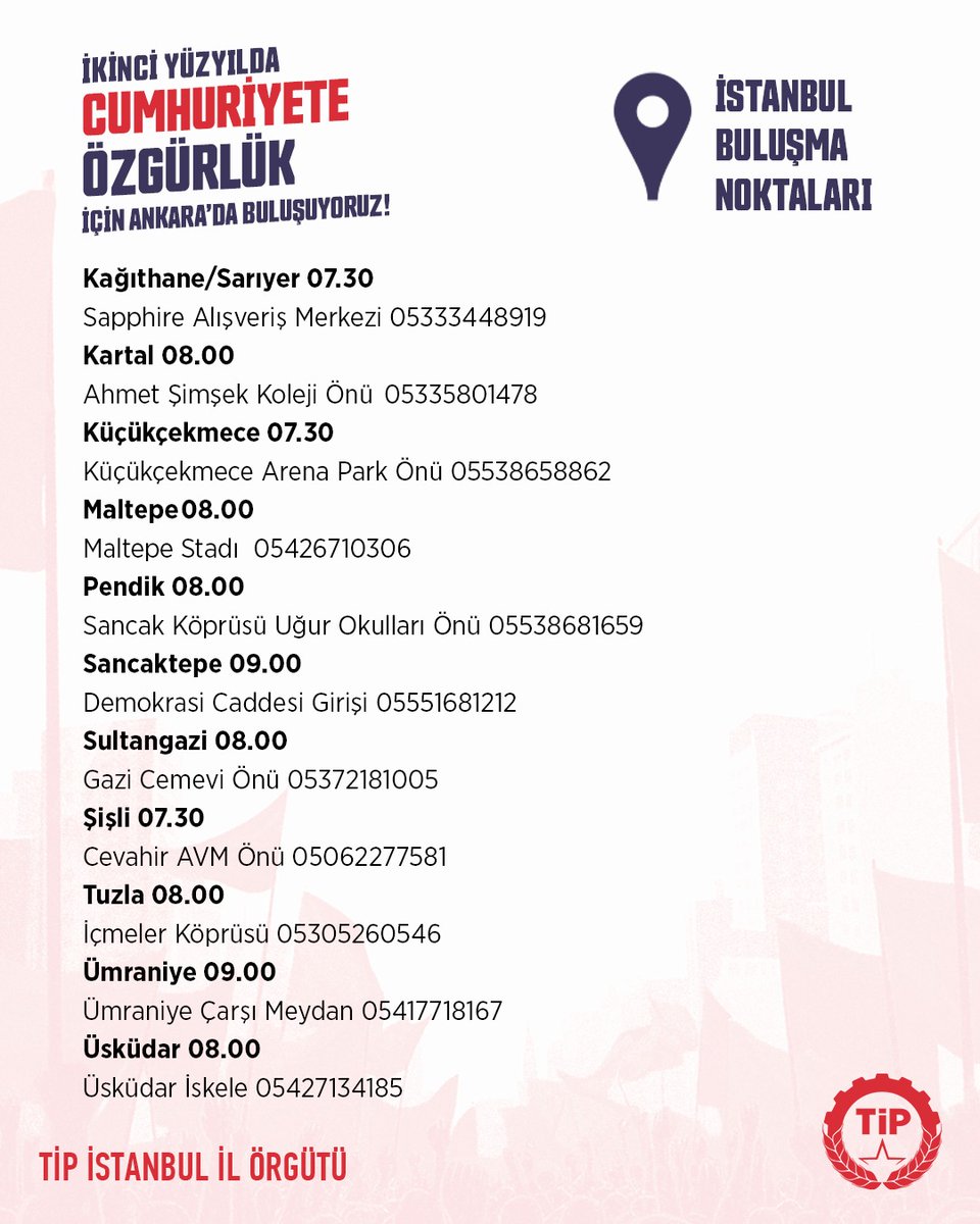TipIstanbul's tweet photo. Cumhuriyete Özgürlük için 28 Ekim Cumartesi günü saat 16.00'da Ankara Anıtpark'ta buluşacağız!

🚌İstanbullu yurttaşlarımız için belirlenen buluşma noktaları: https://t.co/9f3KacVS6i