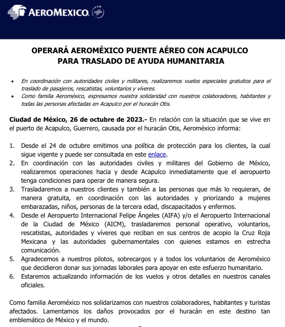 CapLaloVargas's tweet photo. . @Aeromexico operará un puente aéreo ✈️ con #Acapulco  para llevar ayuda humanitaria.  
Desde el #AIFA y el #AICM, trasladarán personal, rescatistas, autoridades y víveres, así como a clientes y todas las personas que más lo requieran, de manera gratuita. (Se espera a partir de mañana o en cuanto sea viable).