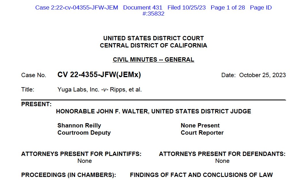 Yuga Labs v. Ryder Ripps et al - Notes from the Court's Findings of Fact and Conclusions of Law

Yuga is awarded $1,375,362.92 in Ds profits, $200,000 in statutory damages, and attorneys' fees and costs (amount TBD). A permanent injunction is also issued against Ds.

🧵 1/