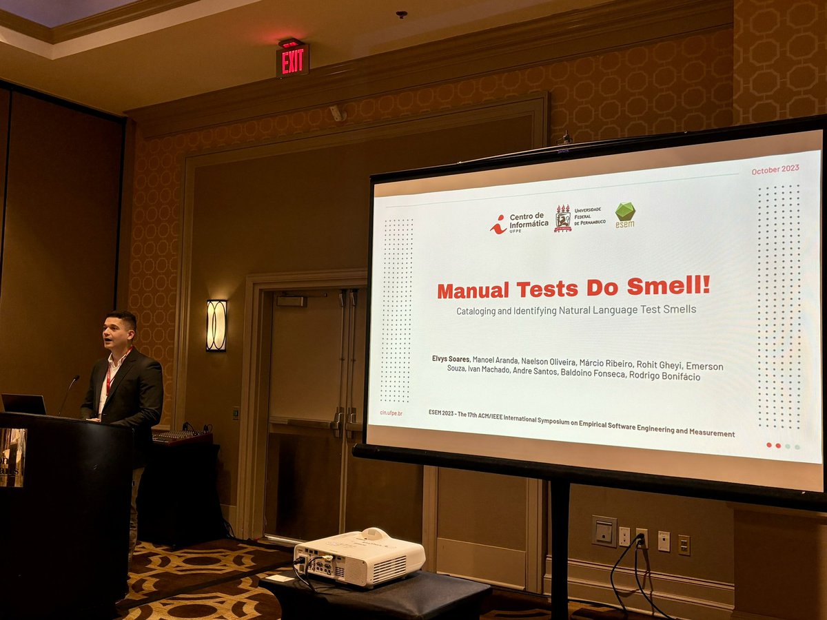 Sergio Soares (@scbs) on Twitter photo Manual Tests Do Smell! Cataloging and Identifying Natural Language Test Smells
Elvys Soares, Manoel Aranda, Naelson Oliveira , <a href="/marciomribeiro/">Márcio Ribeiro</a>, <a href="/rohitgheyi/">Rohit Gheyi</a>, Emerson Paulo Soares de Souza , <a href="/ivanmachado/">Ivan Machado</a>, <a href="/almsantos/">Andre Santos</a>, <a href="/baldoinofonseca/">Baldoino Fonseca</a>, <a href="/rbonifacio123/">Rodrigo Bonifacio</a> #esem23 <a href="/ESEM_conf/">ESEM Conference</a> <a href="/CInUFPE/">CIn-UFPE</a> Manual Tests Do Smell! Cataloging and Identifying Natural Language Test Smells
Elvys Soares, Manoel Aranda, Naelson Oliveira , <a href="/marciomribeiro/">Márcio Ribeiro</a>, <a href="/rohitgheyi/">Rohit Gheyi</a>, Emerson Paulo Soares de Souza , <a href="/ivanmachado/">Ivan Machado</a>, <a href="/almsantos/">Andre Santos</a>, <a href="/baldoinofonseca/">Baldoino Fonseca</a>, <a href="/rbonifacio123/">Rodrigo Bonifacio</a> #esem23 <a href="/ESEM_conf/">ESEM Conference</a> <a href="/CInUFPE/">CIn-UFPE</a>