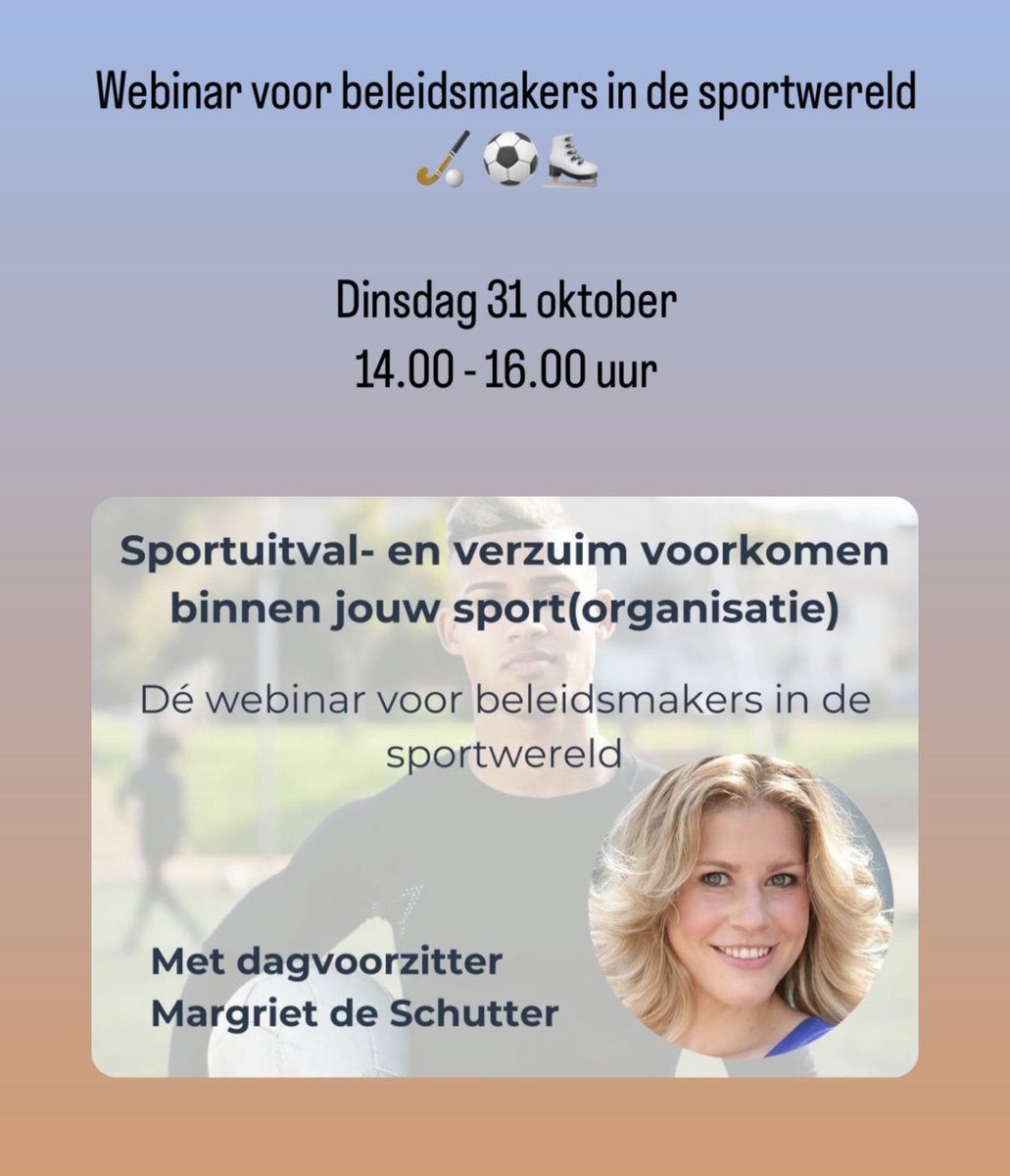 🤔 Wist je dat jaarlijks 3,1 miljoen blessures leiden tot sportuitval en sportverzuim? 😯 En benieuwd hoe je als beleidsmaker in de sportwereld deze blessures kunt voorkomen? 🏋🏼‍♀️🏑 ⚽️ ⛸️

👉 Meld je dan aan voor de webinar van <a href="/VeiligheidNL/">VeiligheidNL</a> op di 31 okt  👉 bit.ly/webinarsportbe…