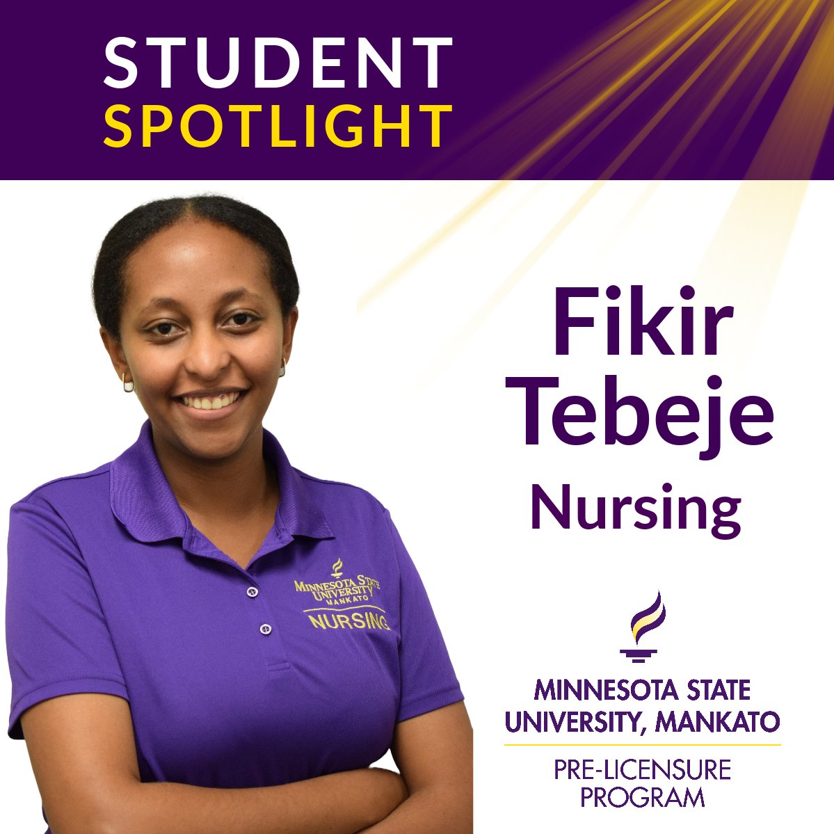Congrats to Fikir Tebeje, a nursing major, who was accepted into the National Student Nurses' Association (NSNA) Leadership University Honor Society and received a Mayo Clinic Health System scholarship! 
#MNSUNursing #MNSUScholarship #MavFam